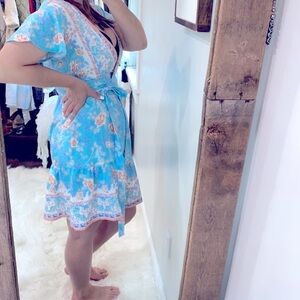 Shein blue floral wrap dress size medium